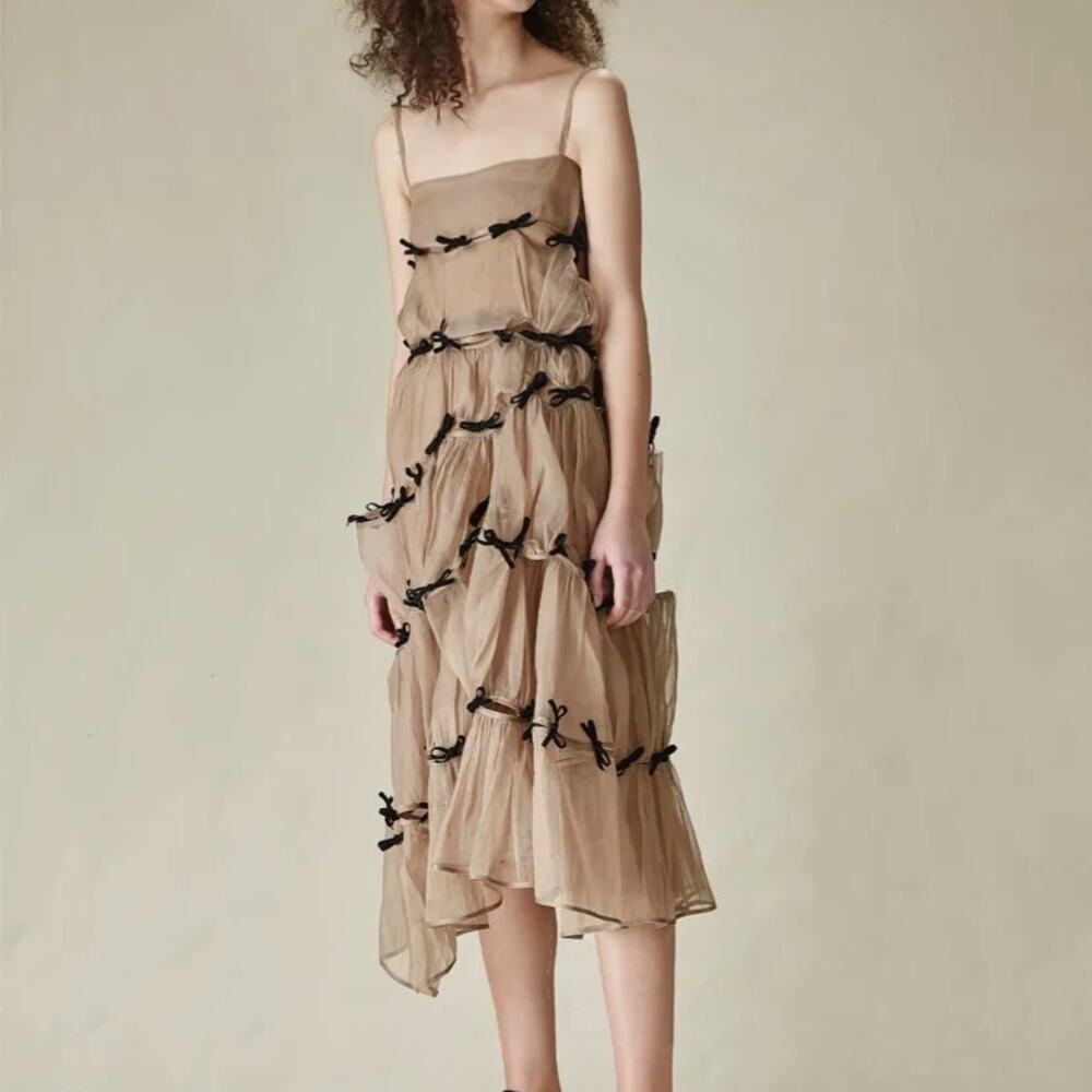 Marchen Dress Bow Embellished Asymmetric Organza Midi Dress Beige Black S‎